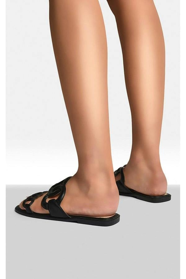 Betty Comfortable Flat Sandals With Double Leather Chain - Black
