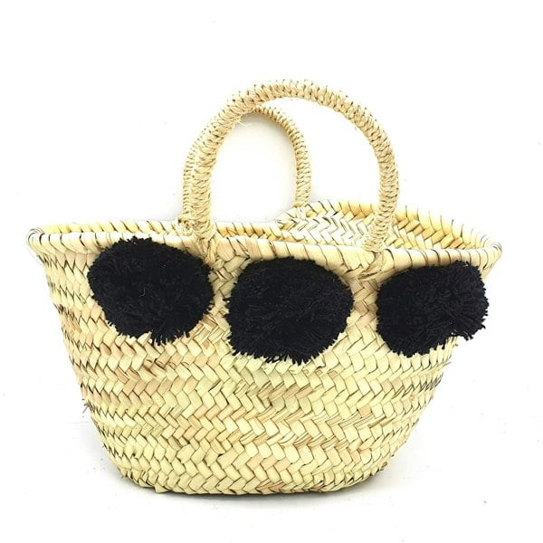 Small Fringe Market Beach Bag with Black Pom Poms | Stylish Summer Tote