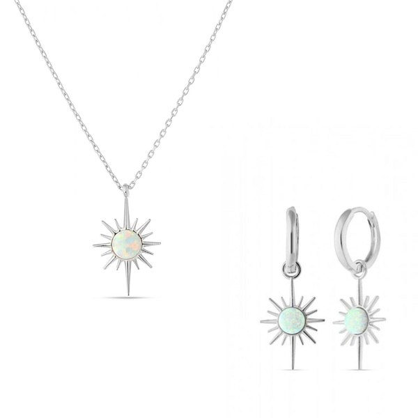 Spero London White Opal Northernstar Sterling Silver Pendant Necklace and Earrings Set