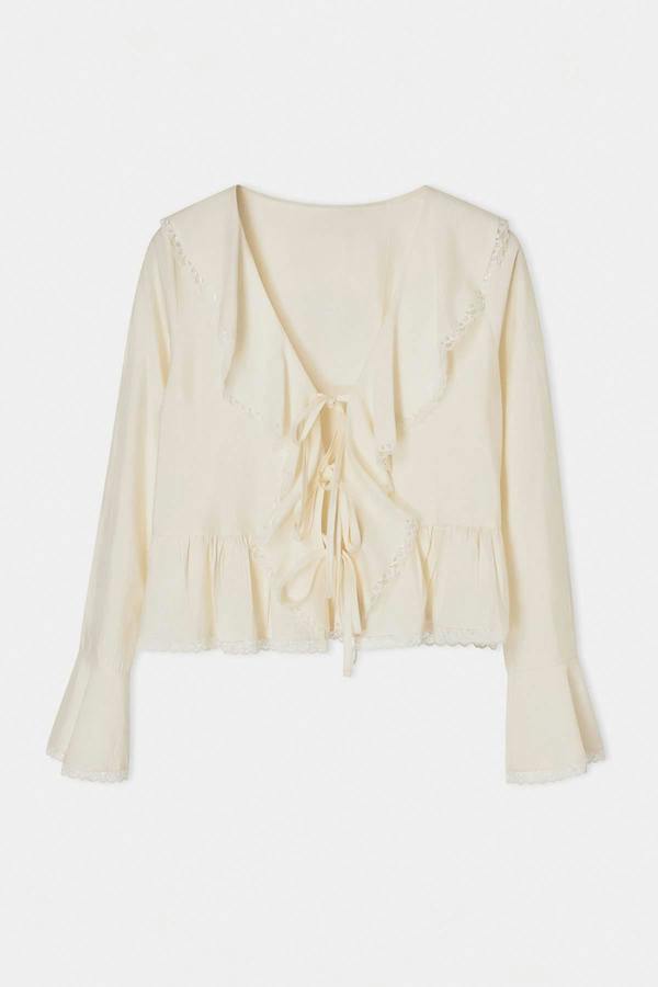 WOVCOR V Neck Long Sleeve Tie Front Lace Detail Blouse