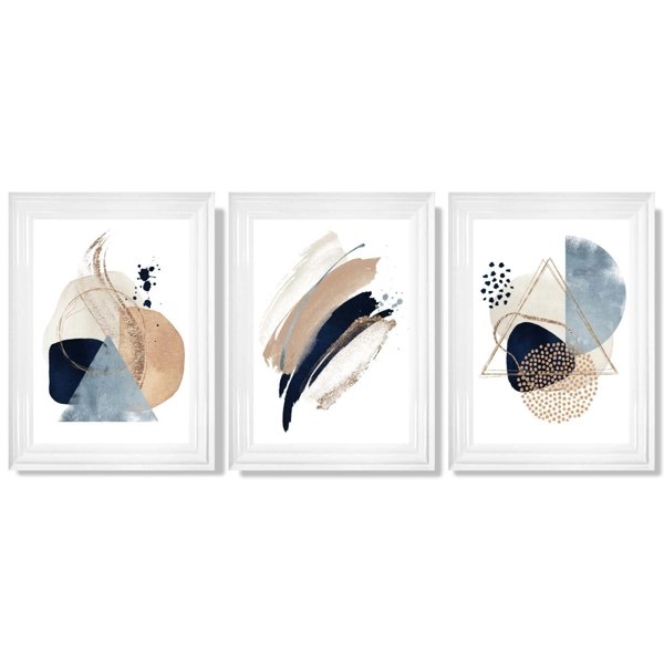 Artze Wall Art Set of 3 Abstract Beige Blue and Gold Framed Prints