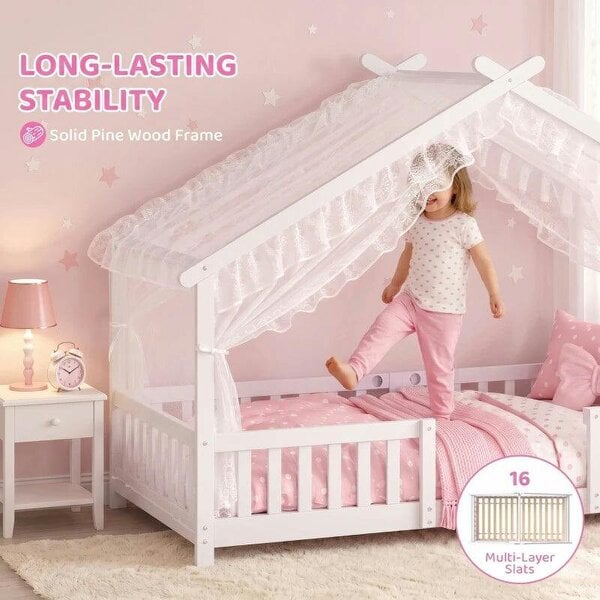 Wooden Kids House Single Bed Frame, Solid Pine Wood Toddler Bed with Dual Guardrails for Children, Boys, Girls, White