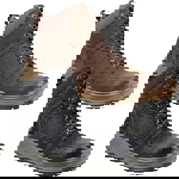 Hush Puppies Arnie Ankle Lace Up Leather Boots, brown and black leather ankle boots with lace-up closure, cushioned collar, and textured detailing for stylish casual wear.