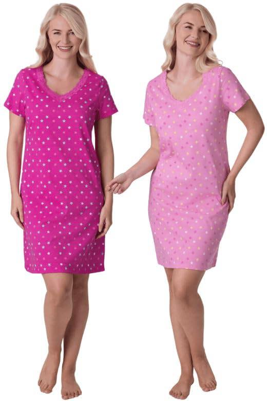 Camille 2 Pack Short Sleeved Summer Cotton Nighties - Breathable & Lightweight Nighties for Women