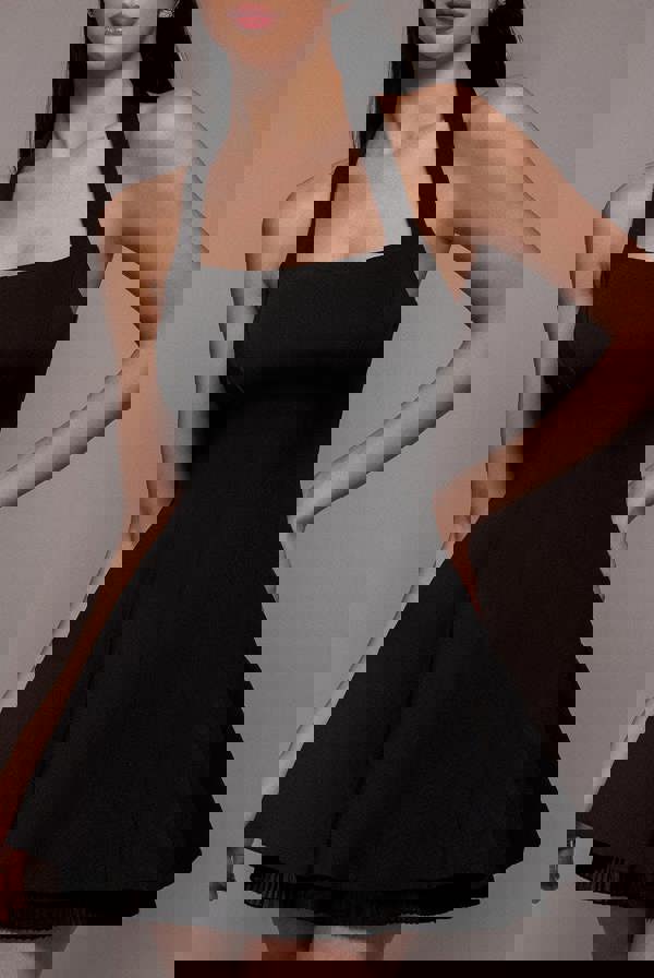 Organza Frill Bow Back Halter Mini Dress - Black DR4744