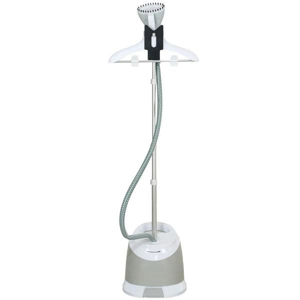 Grey standing clothes steamer with vertical steamer head and hose-ready base