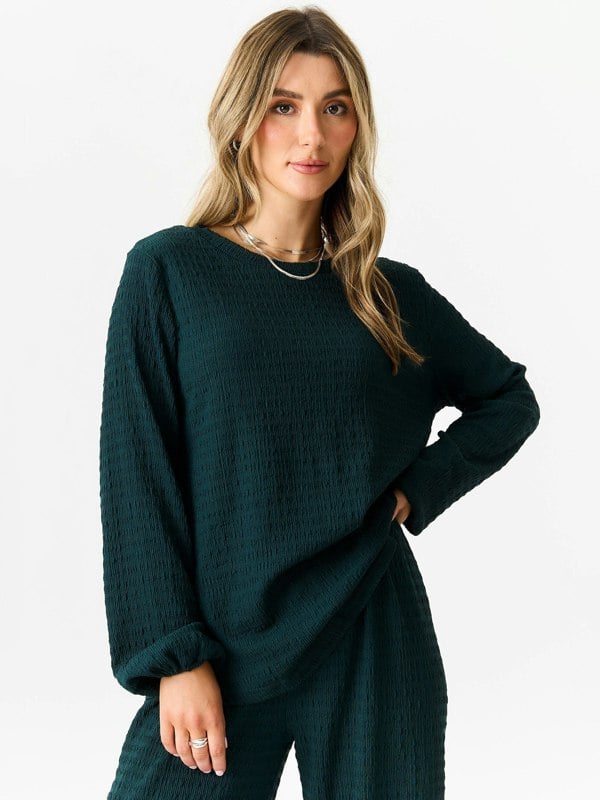 Gini London Bottle Green Textured Long Sleeves Oversized Top