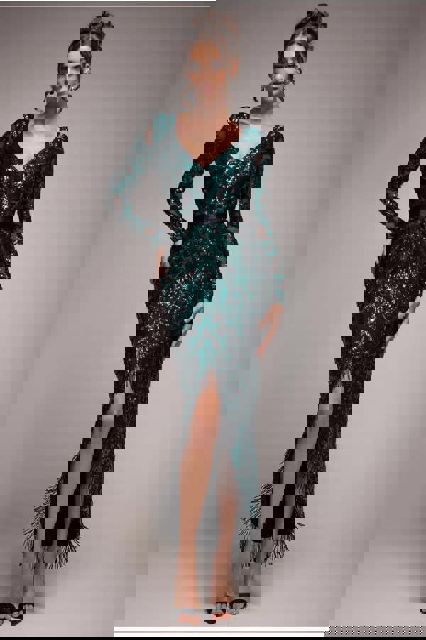 Tassel & Sequin Midaxi With Front Split - Emerald Green DR4006