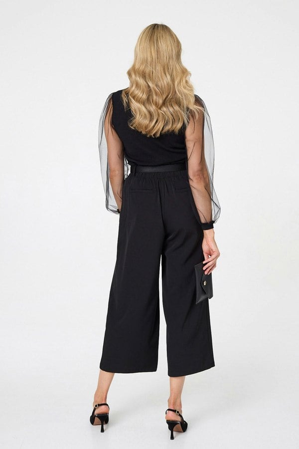 Black | Semi Sheer Sleeve Tie Neck Knit Top
