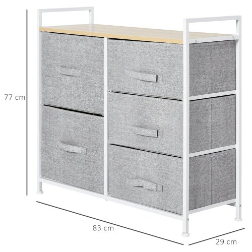 Wyld Haus Vepapa White Metal And Grey Fabric 5 Drawer Linen Basket Storage Unit With Natural Wooden Top Shelf