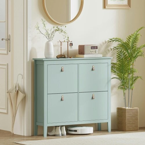 Wyld Haus Margarita Wooden Mint Green 4 Drawer Shoe Cabinet Faux Leather Handles