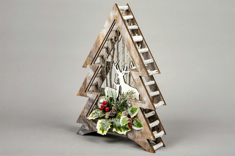 Shatchi 38cm and 48cm Wooden LED Reindeer Scene Christmas Tree Tabletop Decorations with Warm White Micro Rice Lights
