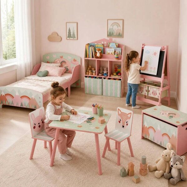 Kids Bookshelf with Storage, Toy Storage Unit with Book Display, Shelves and Fabric Drawers for Playroom Nursery, Pink