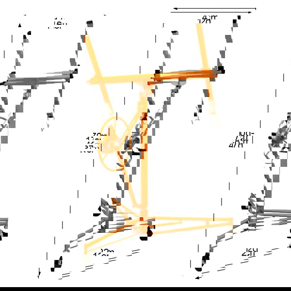 Drywall and plasterboard lifter hoist in bright orange, featuring adjustable height, sturdy wheels, and a hand crank for easy lifting