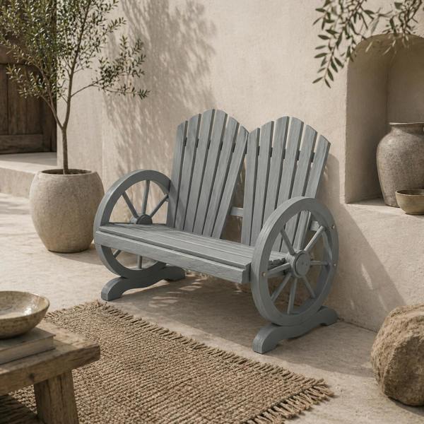 Wyld Haus Zittuso Fir Grey Wood Garden Loveseat With Wagon Wheel Style Armrests