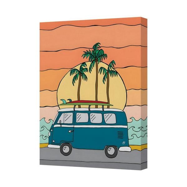 Benjamin Tate Design Beach Scene Canvas Art Print With Palm Trees On Surf Van Deep Wooden Frame