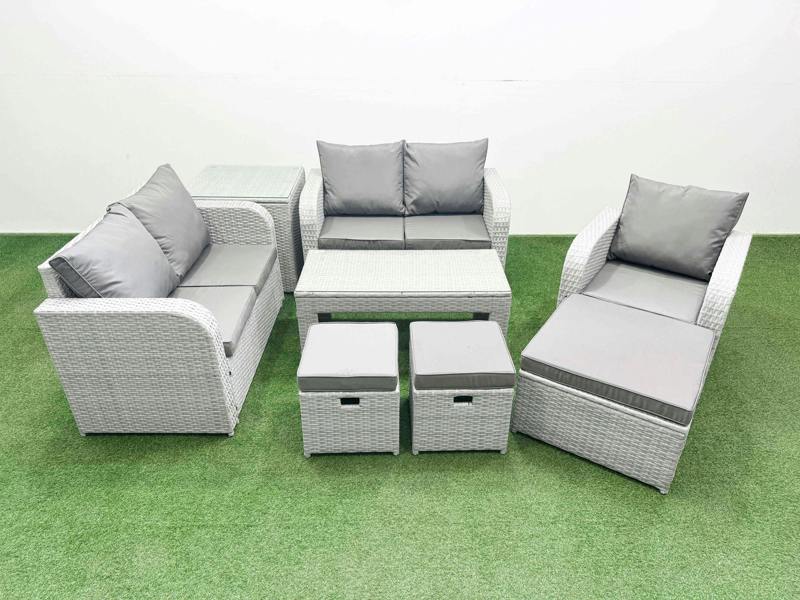 Fimous 3 Stools Garden Furniture Set, High Back Poly, Reclining Loveseat Sofa, Oblong Coffee Table, Indoor Outdoor and Side Table, Light Grey