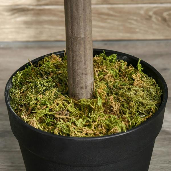 Black pot filled with green moss base and brown artificial bay laurel trunk