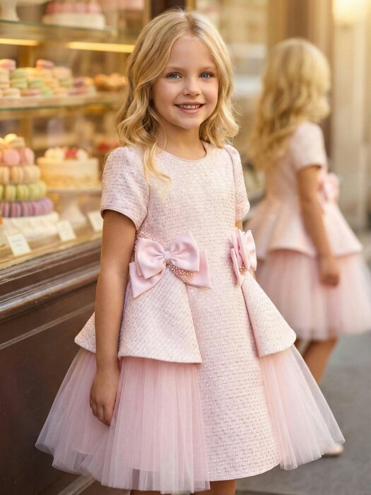 DRESS & Fleur Girls Bows and Tulle Dress in Pink