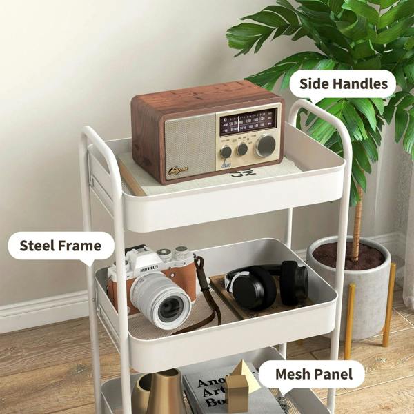 White steel frame three-tier trolley with side handles and mesh panel shelves