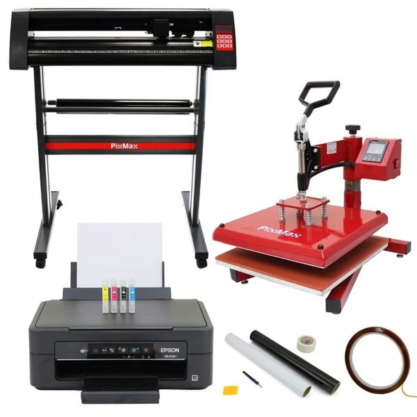 38cm swing press, 720mm vinyl cutter, Epson printer, and weeding kit in red and black, showcasing essential tools for crafting and printing