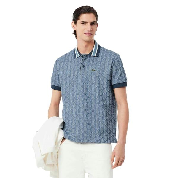 Lacoste Mens Monogram Jacquard Classic Polo Shirt - Blue - 