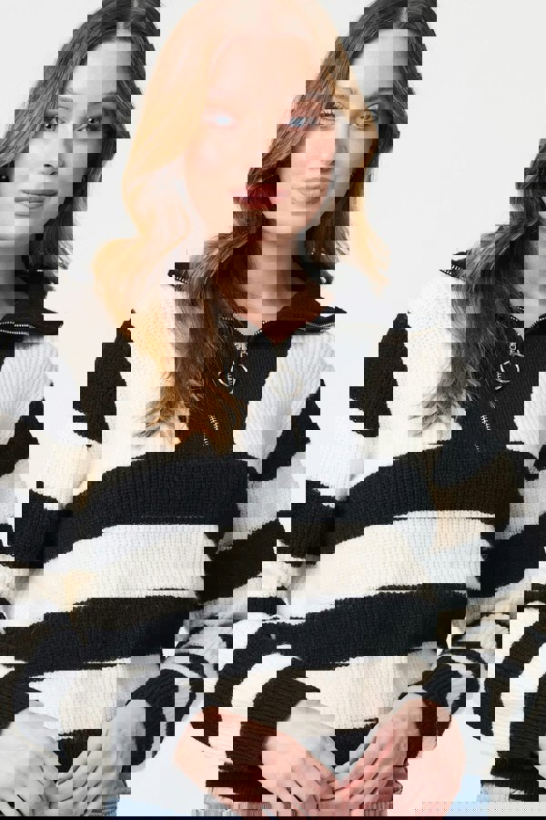 White | Striped Knit 1/4 Zip High Neck Pullover
