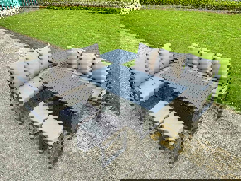 Fimous 8 Seater Aluminium Garden Furniture Set with Adjustable Rising Dining Table, 2 Sofas, Side Table, 2 Footstools - Dark Grey