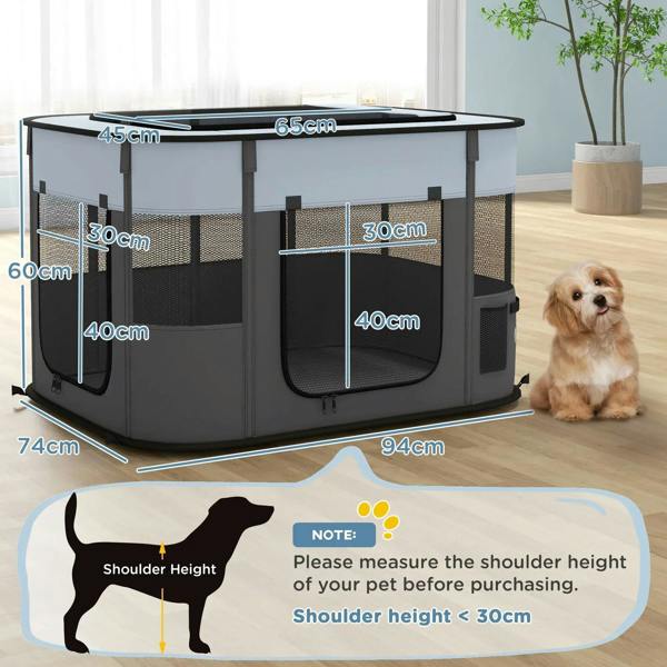 Grey foldable dog pen with mesh panels and front zip door, outlined dimensions