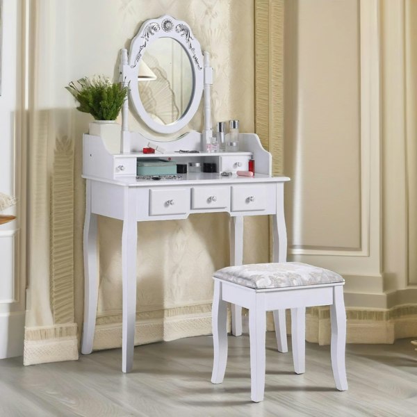 Rafaelo Mobilia 5 Drawer White Dressing Table With Round Mirror And Stool