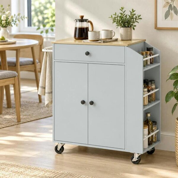 Rolling Kitchen Island with 3-Tier Spice Rack, Kitchen Storage Cart with Drawer and Towel Rack, Light Blue