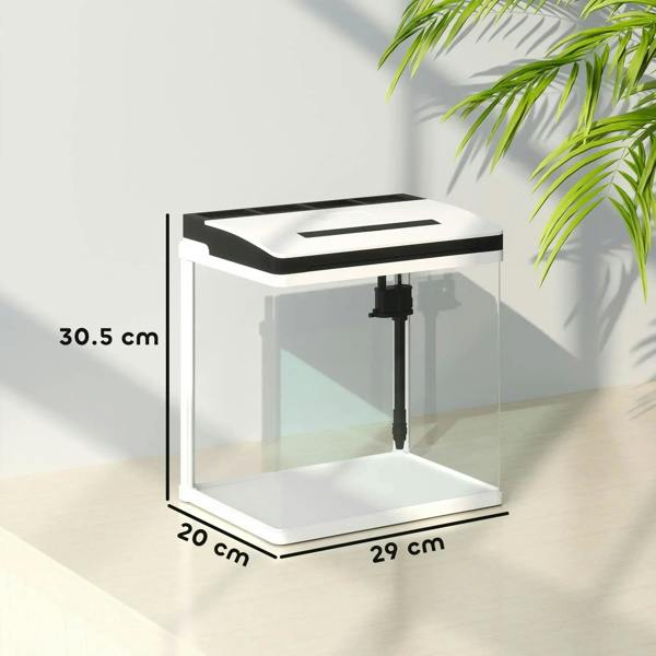 Side view of compact glass aquarium tank with black hood and internal filter
