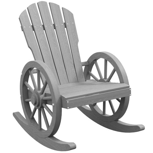 Grey wooden rocking armchair with slatted back and wheel-style side armrests