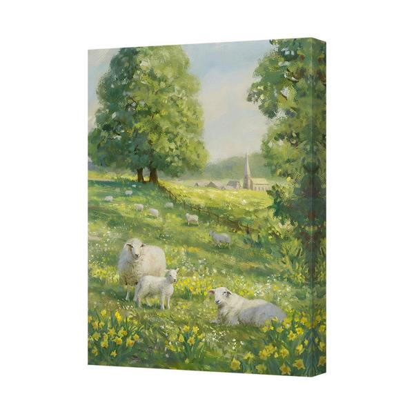 Benjamin Tate Design Pastoral Canvas Wall Art Sheep in a Lush Green Field Handmade in the United Kingdom