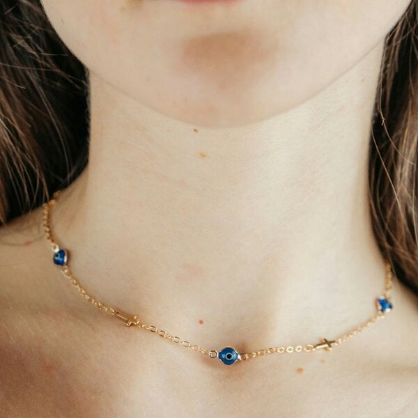 The Colourful Aura Blue Evil Eye Sideways Cross Necklace Minimalist Choker Dainty Protection Choker
