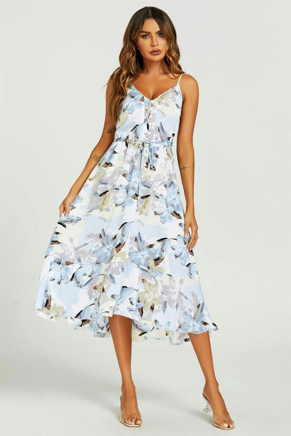 FS Collection Floral Print Button Down High Low Strappy Dress In Blue