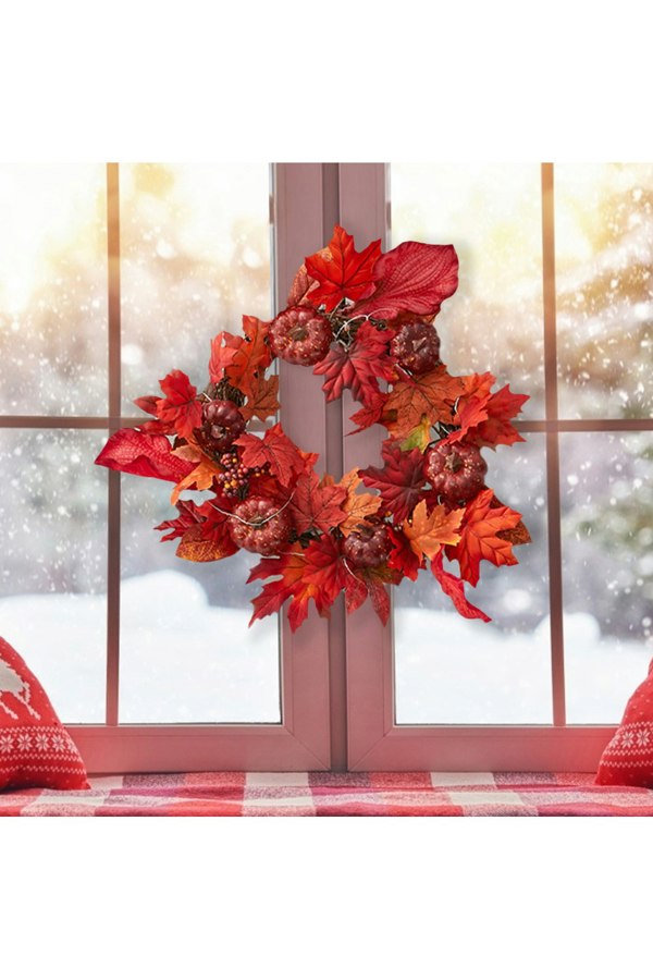 Living and Home Halloween Thanksgiving Fall Maple Leaf Pumpkin Wreath Artificial Wreath Front Door Decoration