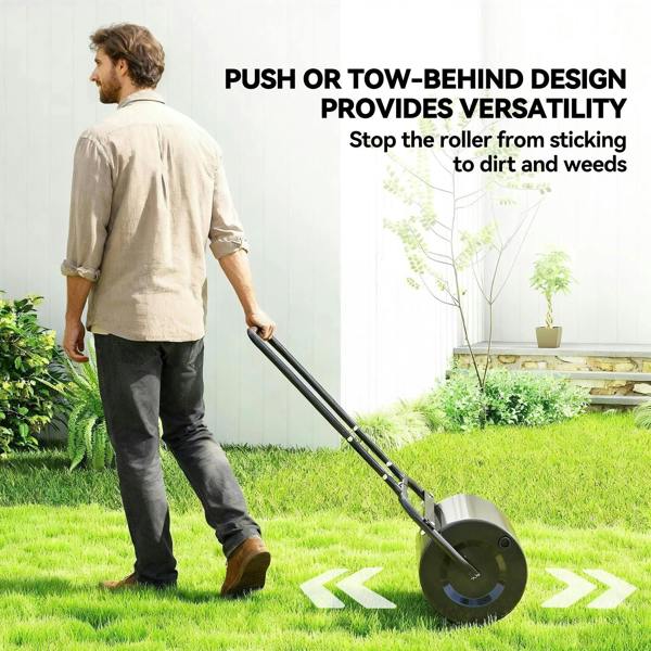 Black push lawn roller with rear handle crossbar and front circular wheel