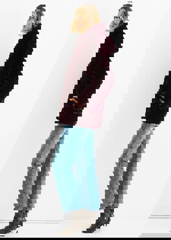 Gini London Dark Burgundy Horizontal Cut Fur Hooded Jacket