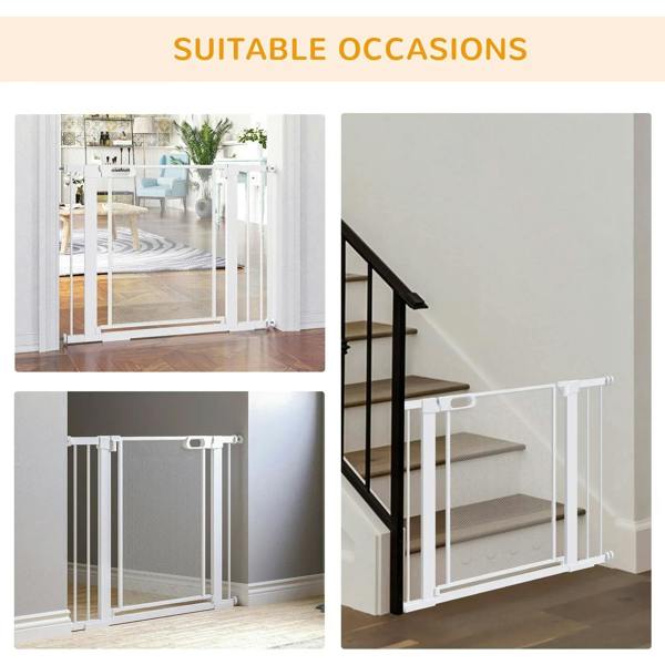 White pet safety gate shown for doorway use and staircase barrier with extension bars