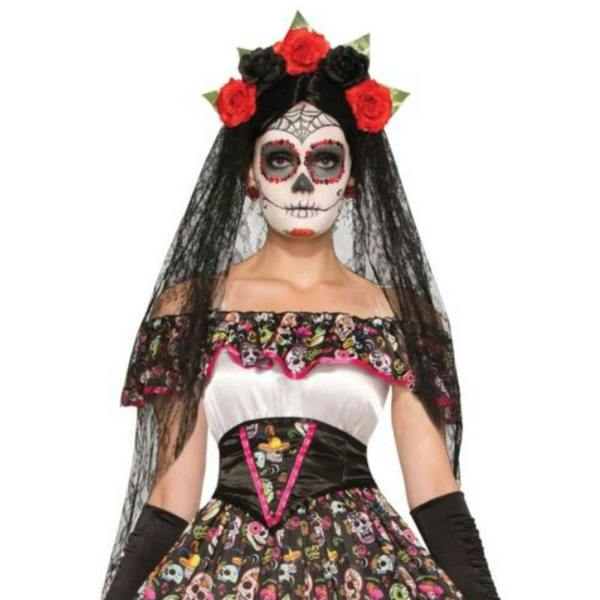 Bristol Novelty Day of the Dead Veil - Black/Red/Green - 