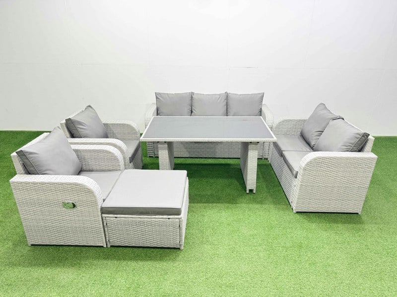 Fimous 8 Seater Garden Furniture Set PE Ratten Garden Sofa Set with Rectangular Dining Table Big Stool Light Grey