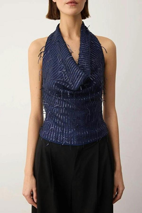 WOVCOR V-Neck Fringed Sequin Party Blouse