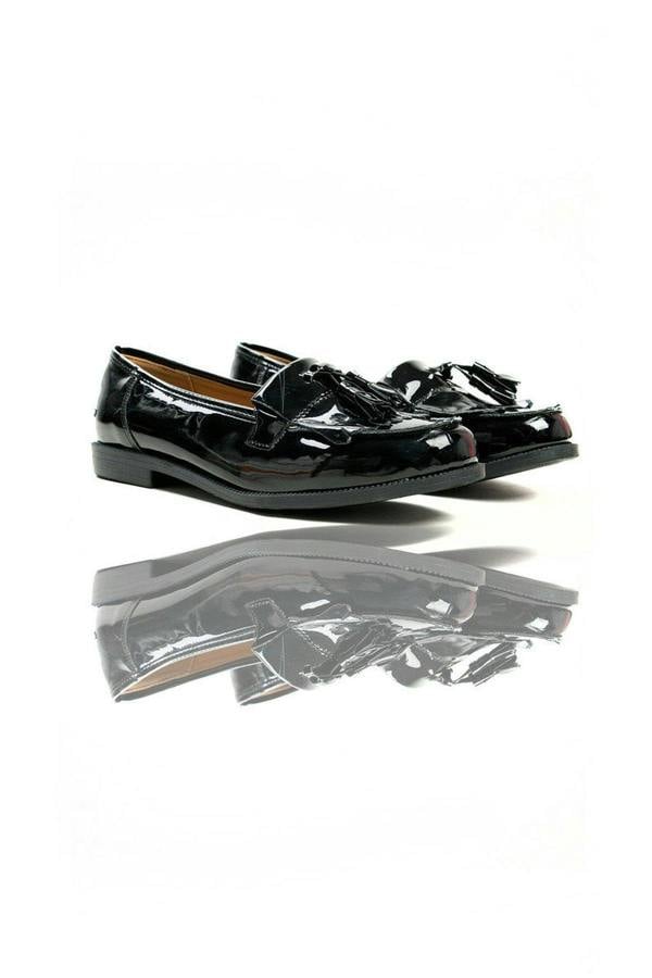Liana Patent Tassel Brogue Flats - BLACK