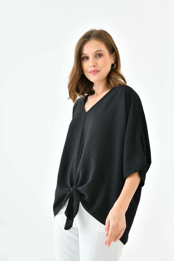Hoxton Gal Oversized V Neck Tie Front Detailed Blouse with 3/4 Sleeves in Black
