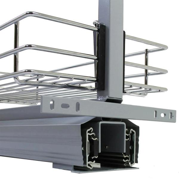 KuKoo pull-out soft close kitchen larder with sleek chrome wire baskets, sturdy gray metal frame, and smooth sliding mechanism