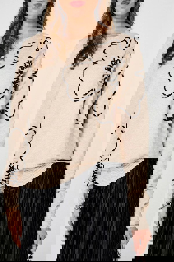 Beige | Floral Detail Long Sleeve Relaxed Jumper
