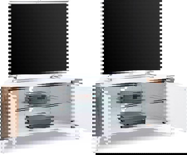 MDA Designs CORVUS Corner-Friendly Gloss White Contemporary Cabinet with Walnut Profiles White BeamThru Glass Doors for Flat Screen TVs up to 50"