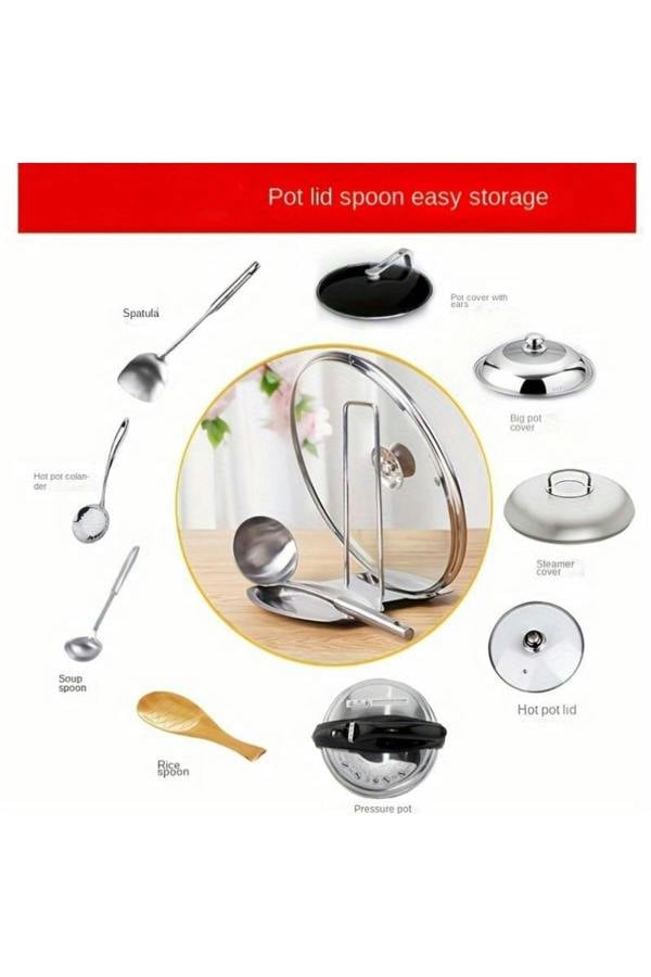 Dyzi Stainless Steel Pot Lid Rack with Drain Tray and Spoon Rest