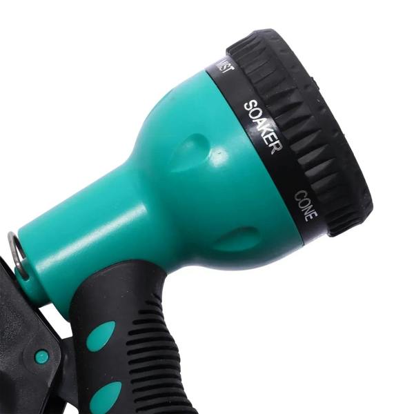 Teal spray nozzle with black cone connector detail and trigger grip